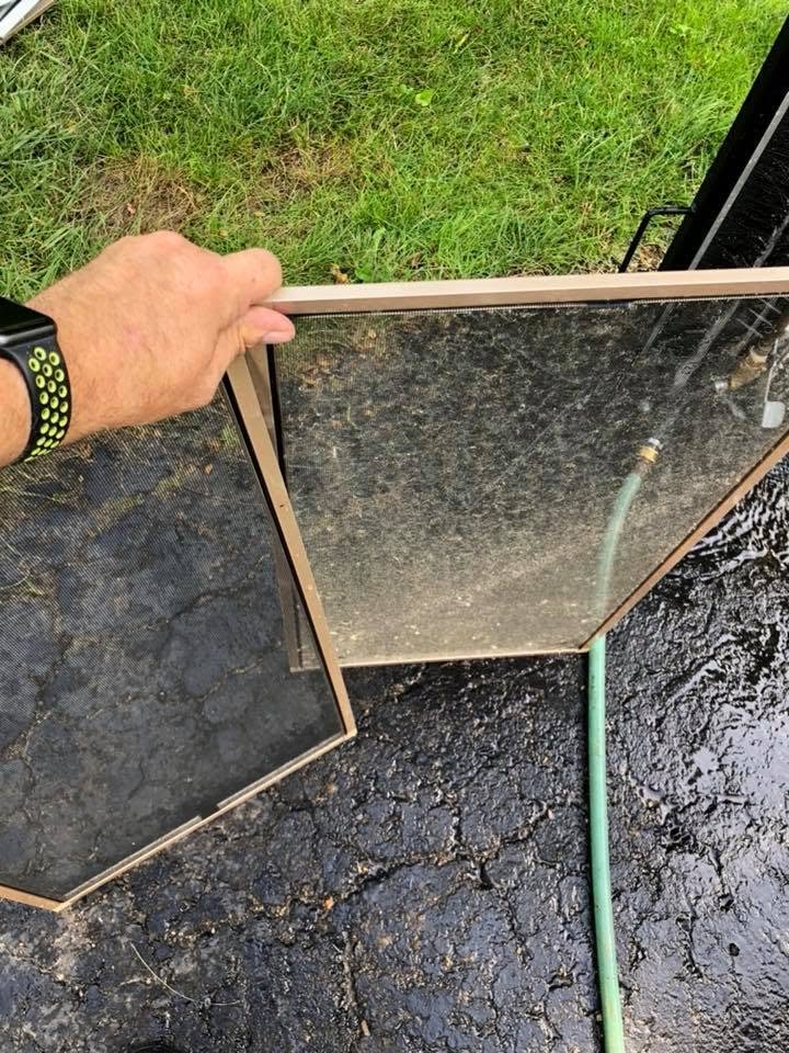 Before and after professional window screen cleaning showing dirt and debris removal